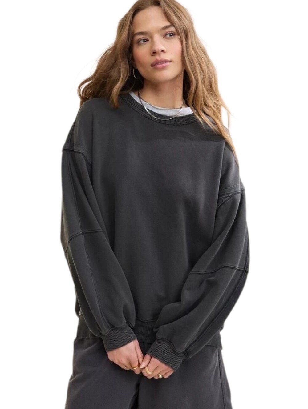 Aerie Crochet Crew Sweatshirt Oversized Gray Lace Back Cotton Medium
